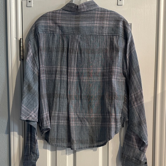 Free People Blue Cropped Cutie Plaid Button Down Shirt Airy Crinkle Medium - Picture 3 of 7